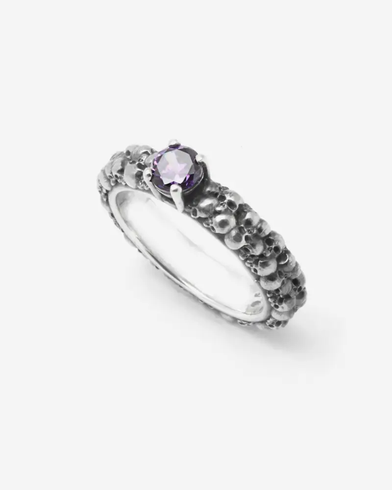 Anello Fede Solitario Teschi Hidden Gem In Argento Con Brillante Viola Brunito Lucido