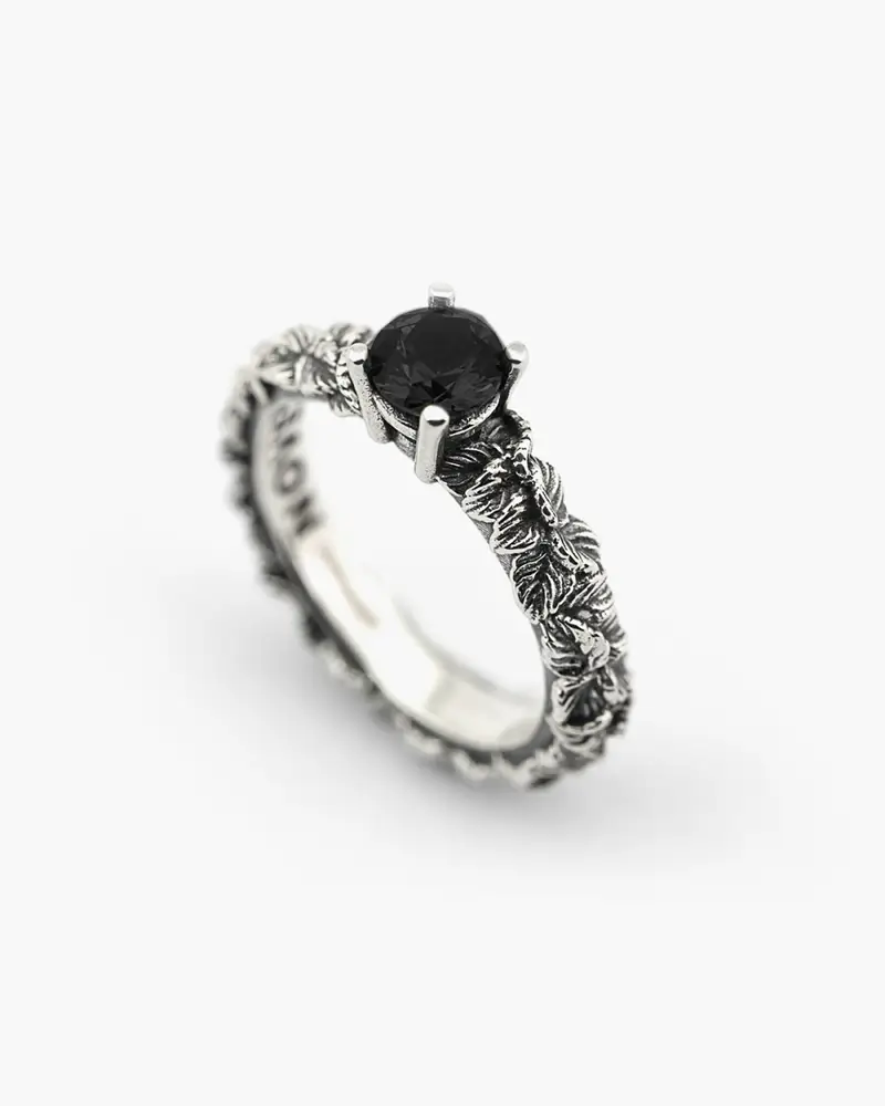 Anello Fedina Solitario Foglie Con Zirconia Cubica Nera Brunito Lucido
