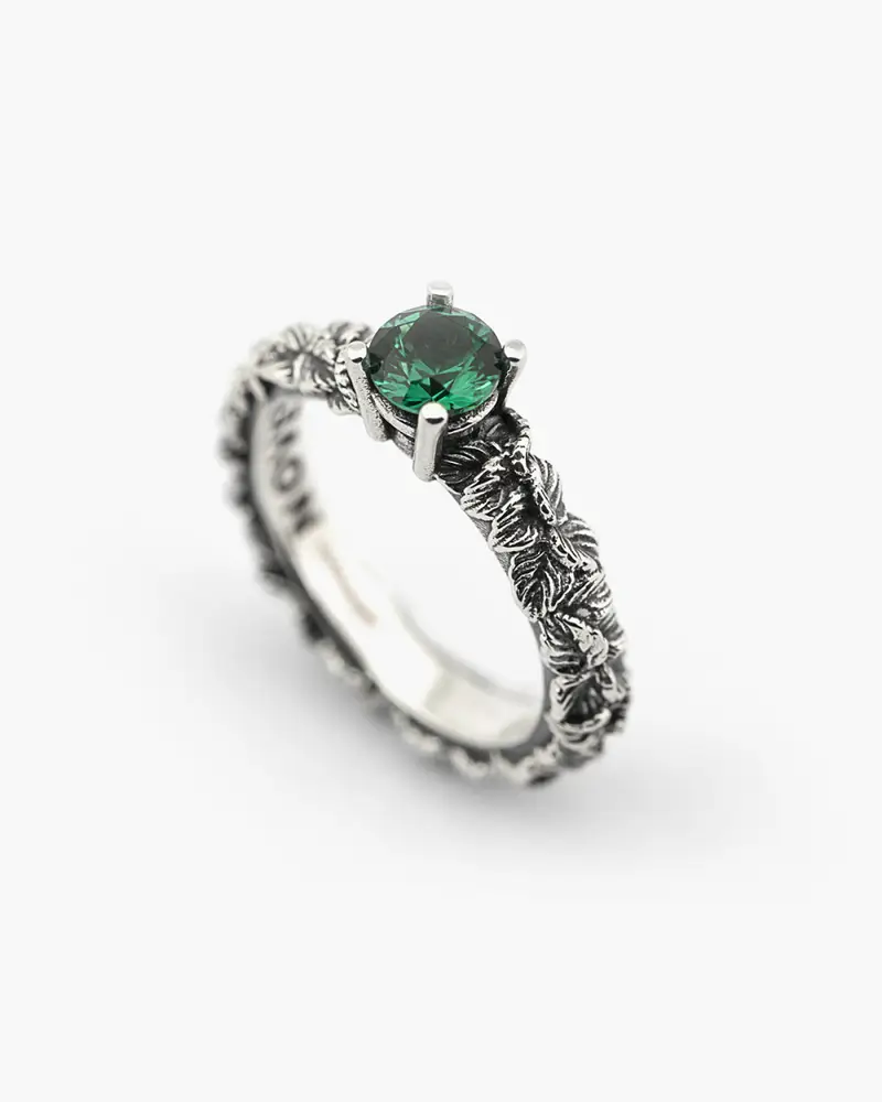 Anello Fedina Solitario Foglie Con Zirconia Cubica Verde Brunito Lucido