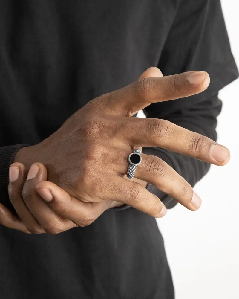 Anello Fedona Puntinata Black Circle In Argento Con Pietra Nera Brunito Lucido miniatura 2