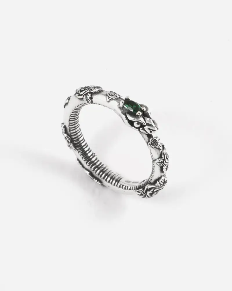 Anello Serpente Uroboro Eternal Green In Argento Con Rose E Brillanti Verdi Brunito Lucido