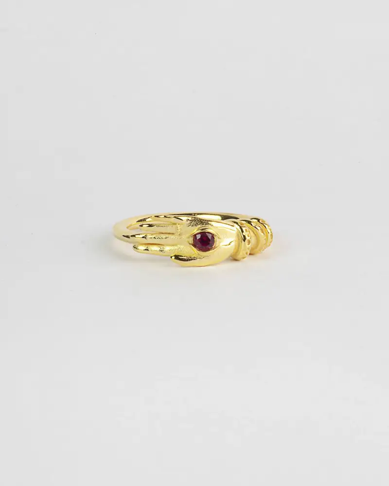 Fedina Talismano Occhio Placcata Oro Con Pietra Rossa Lucido