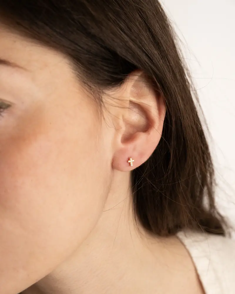 Orecchino Piercing Golden Shiny Cross Placcato Oro Con Brillanti Lucido miniatura 2