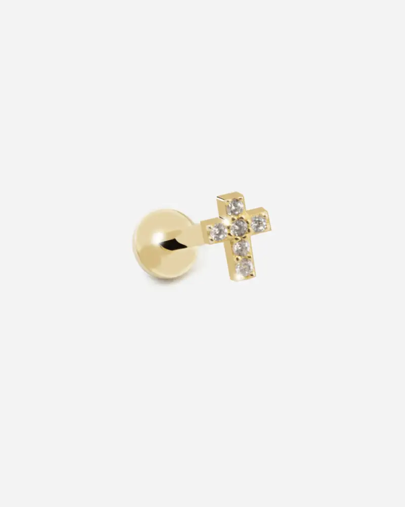 Orecchino Piercing Golden Shiny Cross Placcato Oro Con Brillanti Lucido