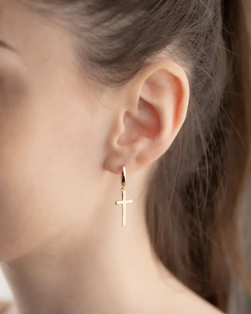 Orecchino A Cerchio Con Croce Grande Pendente Placcato Oro Lucido miniatura 2