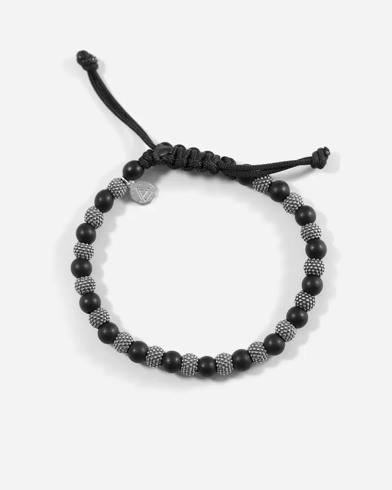 Bracciale Black Soul In Corda Con Pietre E Perle Puntinate In Argento Brunito Lucido