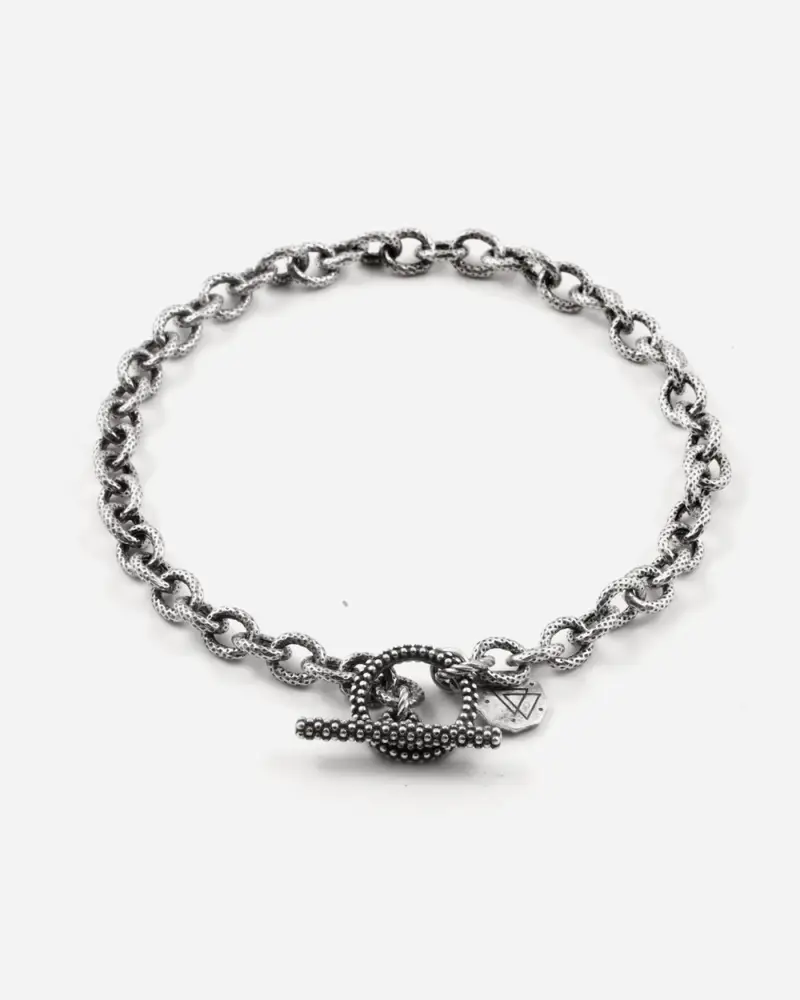 Bracciale Catena Rigata Con T-bar Puntinata In Argento Brunito Lucido