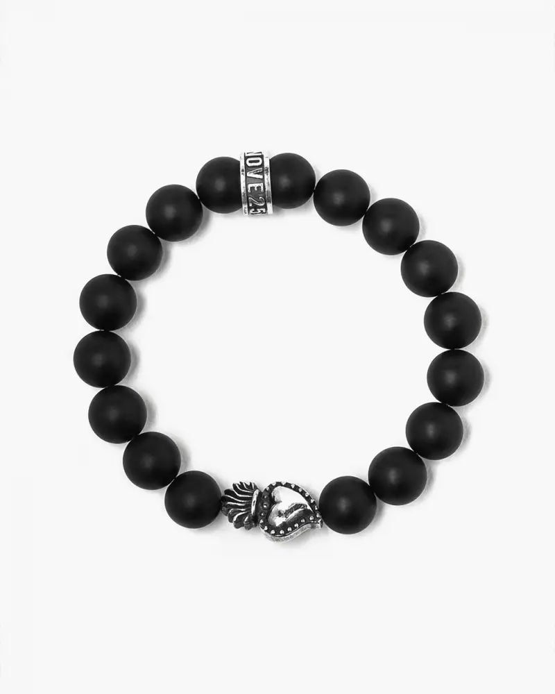 Bracciale Con Pietre Agata Nera 080 E Cuore Ex-voto Brunito Lucido
