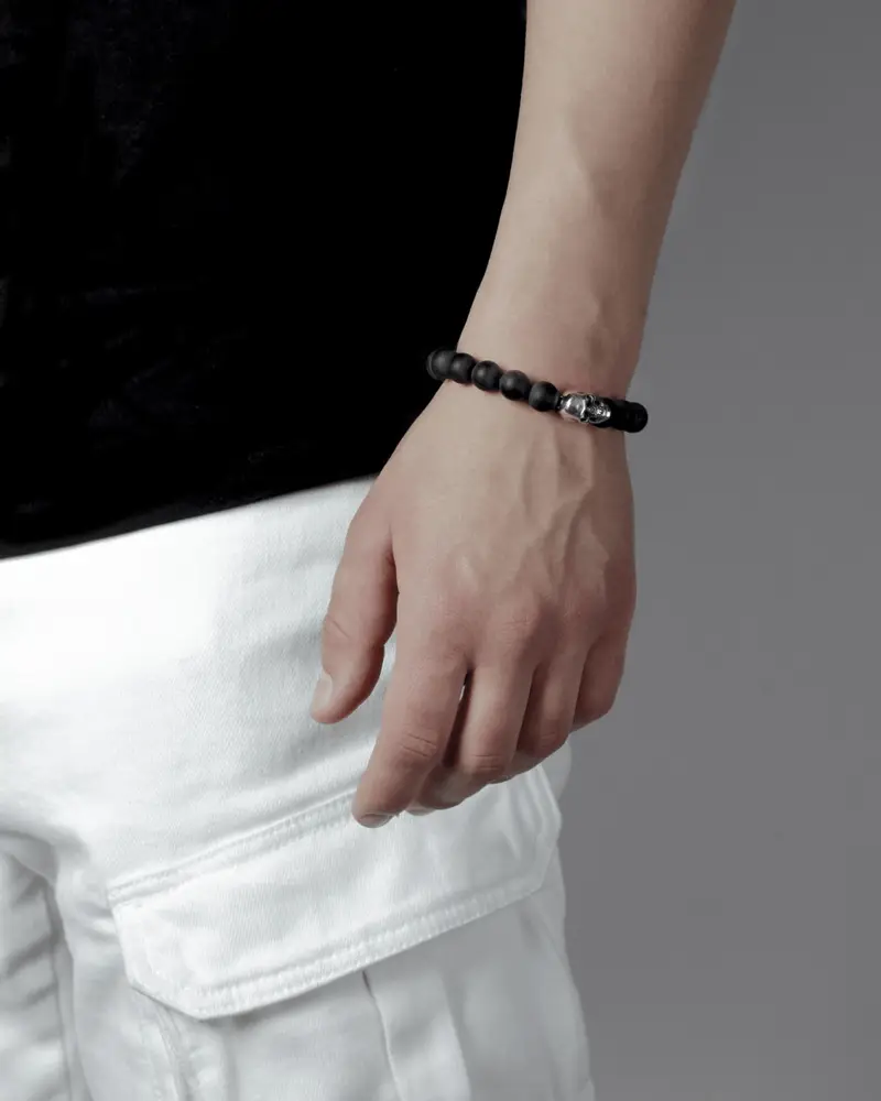 Bracciale Con Pietre Agata Nera 080 E Teschio Piccolo Brunito Lucido miniatura 2