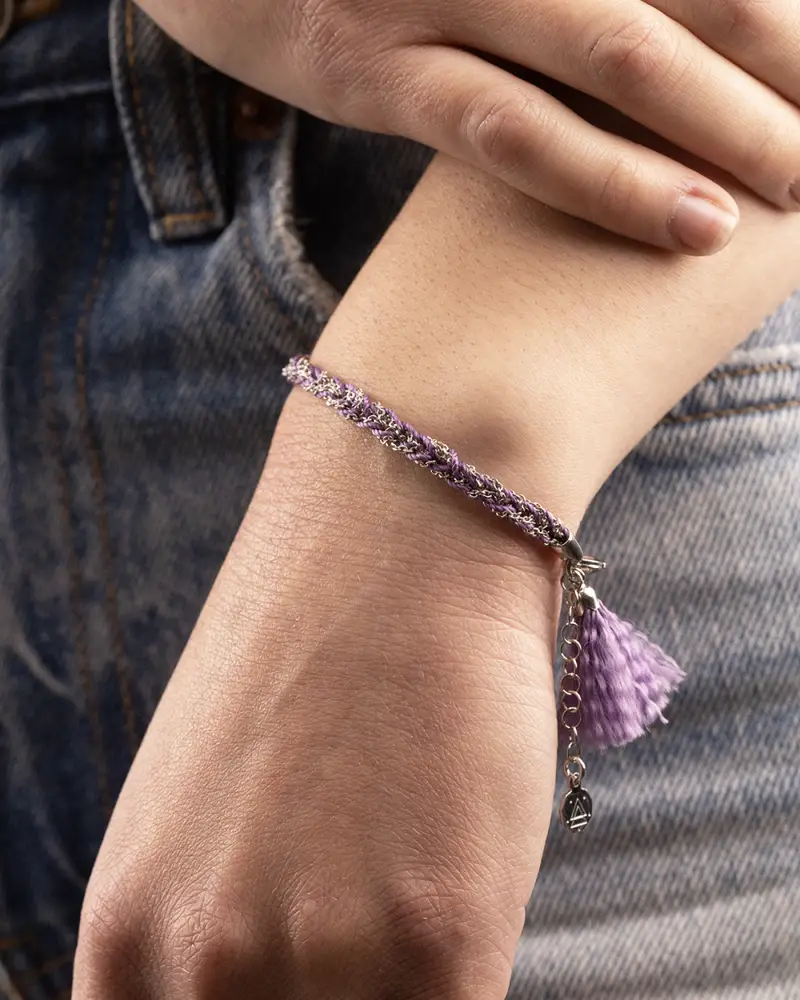 Bracciale Forzatina Silver Wave In Argento Con Stoffa Viola Lucido miniatura 2