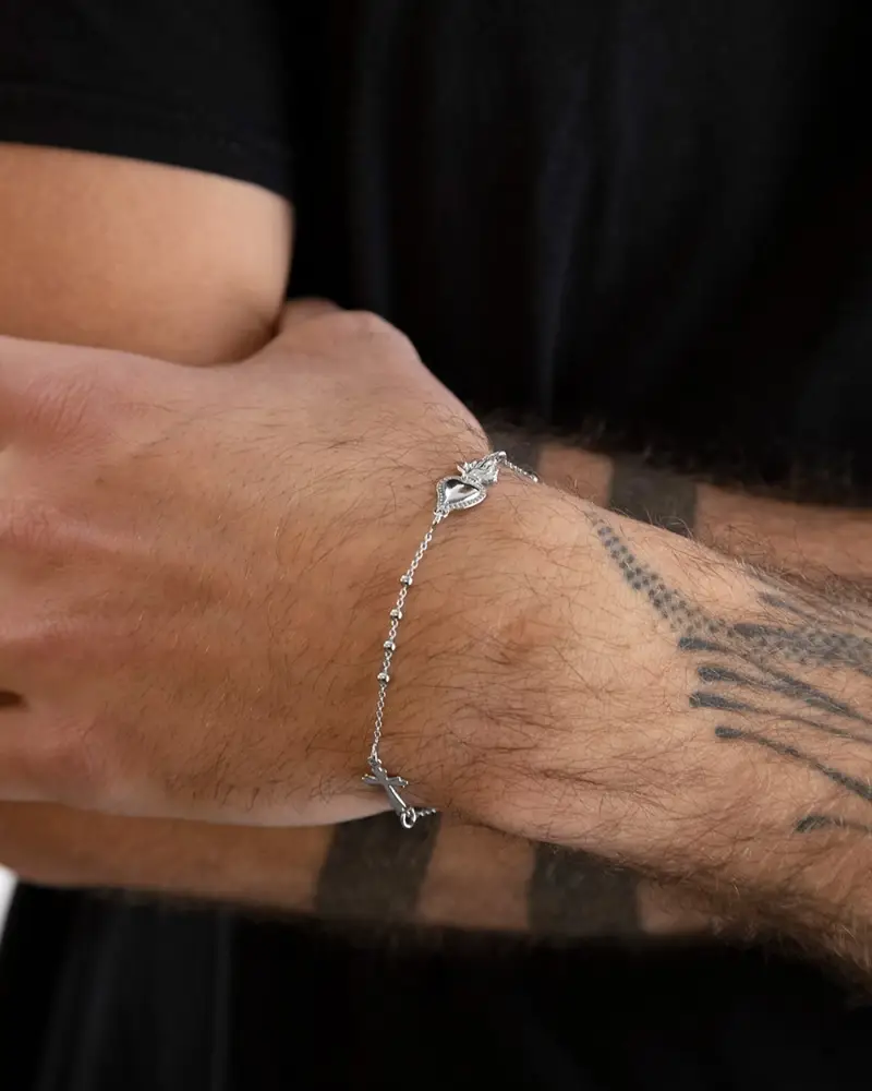 Bracciale Rosario Cuore Ex-voto E Croce Gotica Lucido miniatura 2