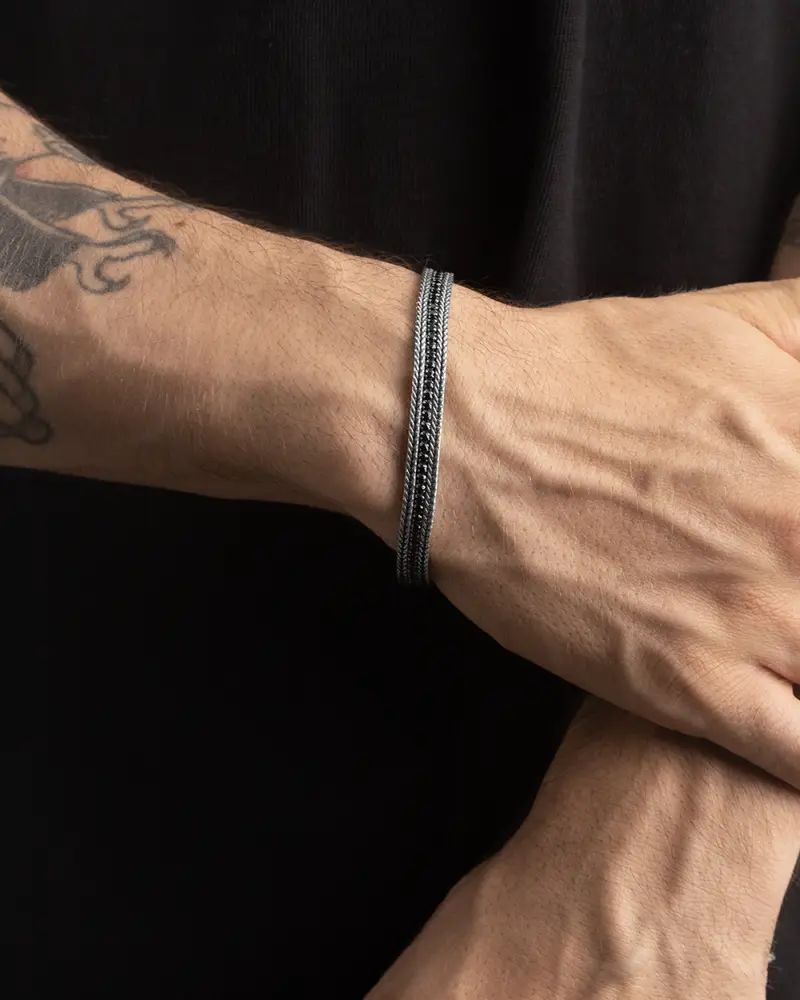 Bracciale Tennis Doppia Coda Di Volpe Black Bold Foxtail In Argento Con Brillanti Brunito Lucido miniatura 2