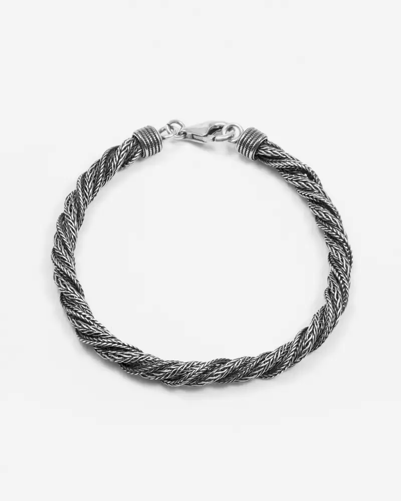 Bracciale Treccia Ritorta In Argento Brunito Lucido