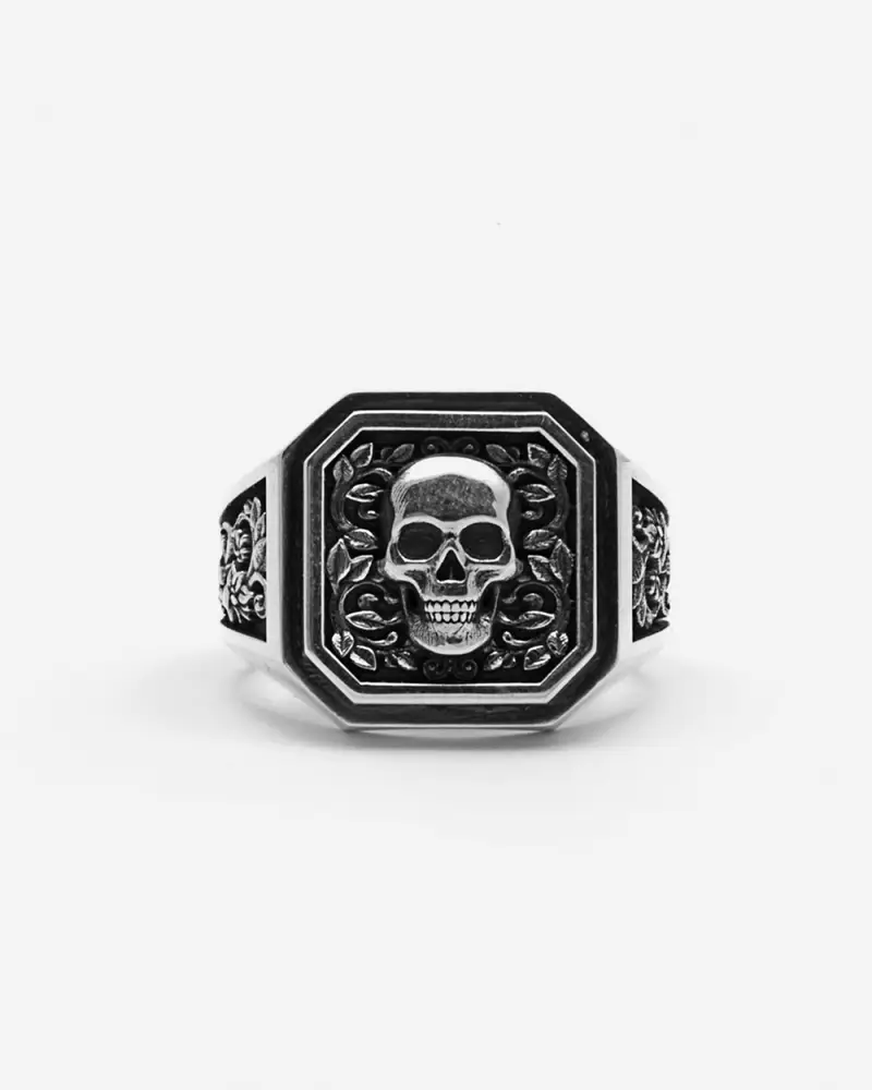 Chevalier Skull Stamp In Argento Con Teschio Brunito Lucido