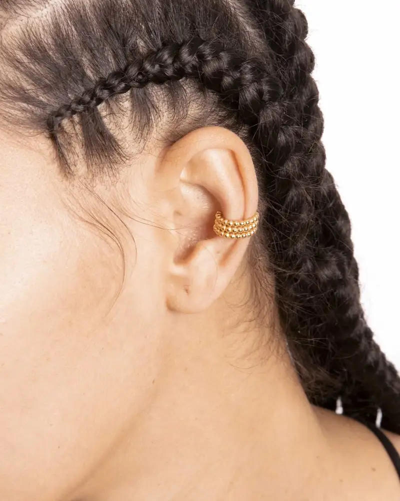 Ear Cuff Orecchino Senza Buco Palline Tre Giri Placcato Oro Lucido miniatura 2