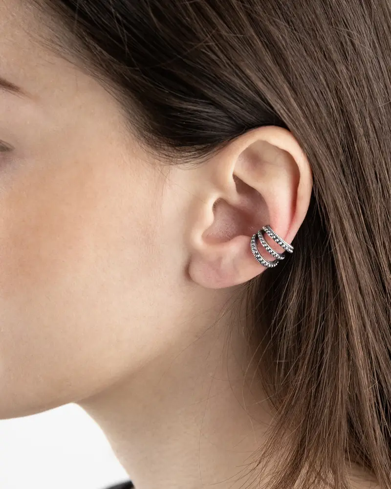 Ear Cuff Triple Tie Puntinato In Argento Brunito Lucido miniatura 2