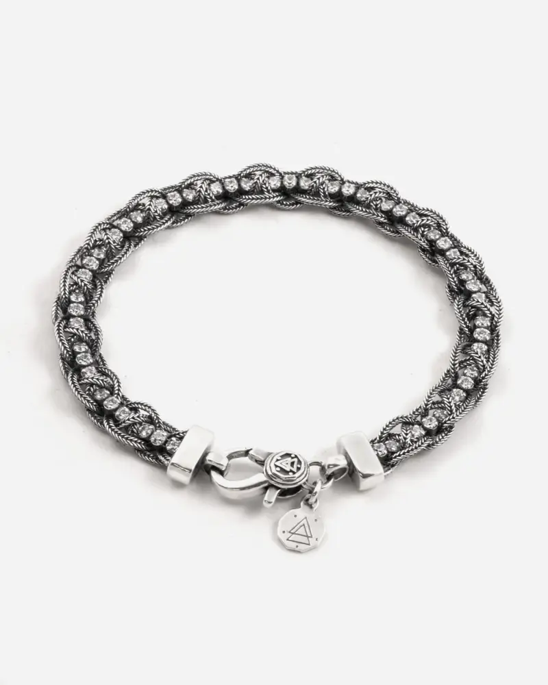 Bracciale Tennis Coda Di Volpe Intrecciata Piccola In Argento Con Pietre Bianche Brunito Lucido