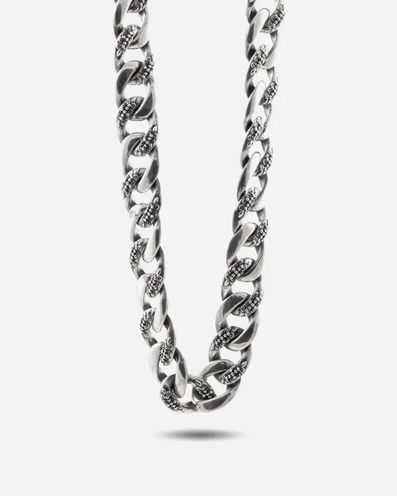 Collana Grumetta Con Texture Gotica Alternata Suerte In Argento Brunito Lucido