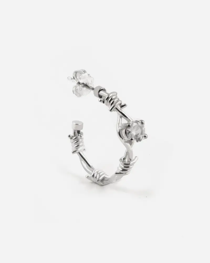 Orecchino A Cerchio Filo Spinato Solitario In Argento Con Brillante Bianco Lucido