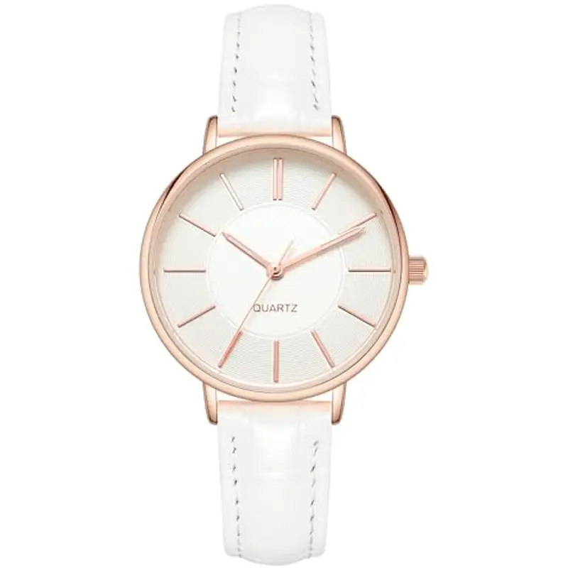 NUOVO Orologio da donna con cinturino in pelle, elegante, analogico, al quarzo, classico orologio da donna, Bianco 02, Minimalista