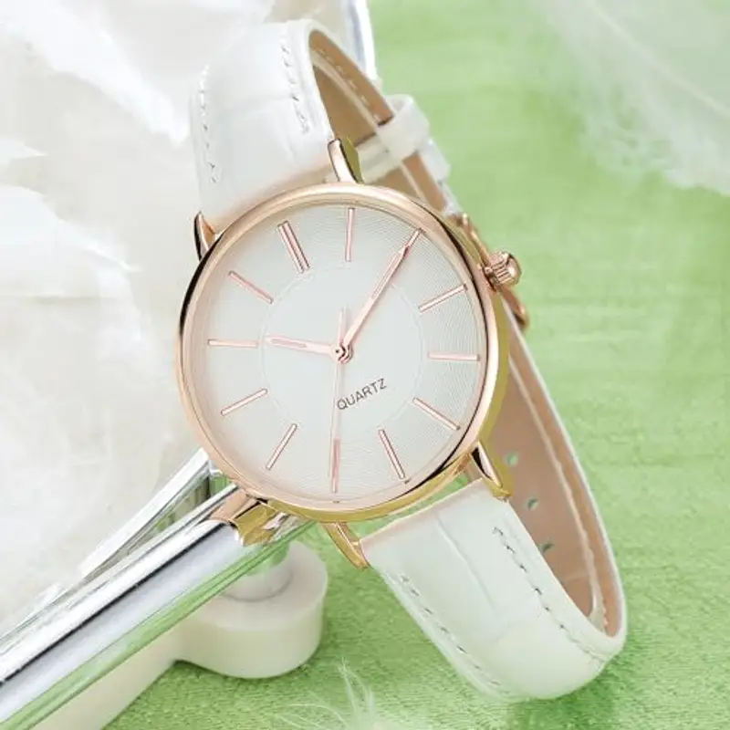 NUOVO Orologio da donna con cinturino in pelle, elegante, analogico, al quarzo, classico orologio da donna, Bianco 02, Minimalista miniatura 2
