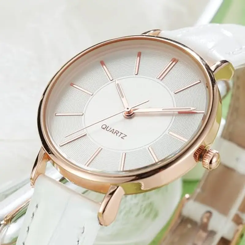 NUOVO Orologio da donna con cinturino in pelle, elegante, analogico, al quarzo, classico orologio da donna, Bianco 02, Minimalista miniatura 3