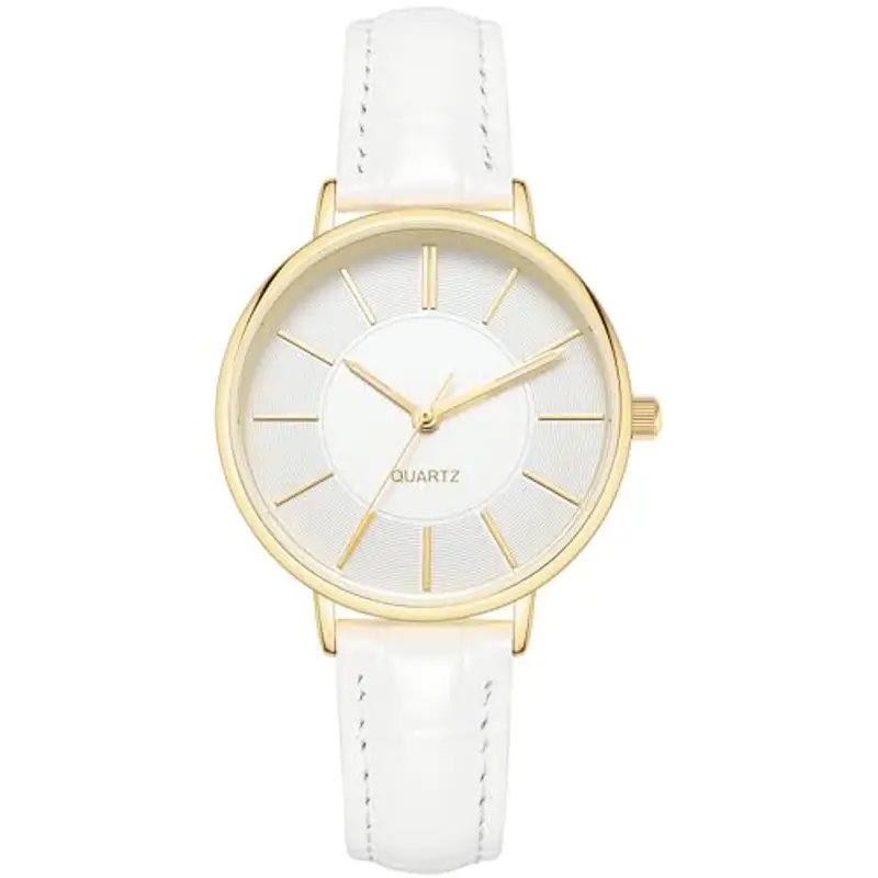 NUOVO Orologio da donna con cinturino in pelle, elegante, analogico, al quarzo, classico orologio da donna, Bianco 03., Cinturino