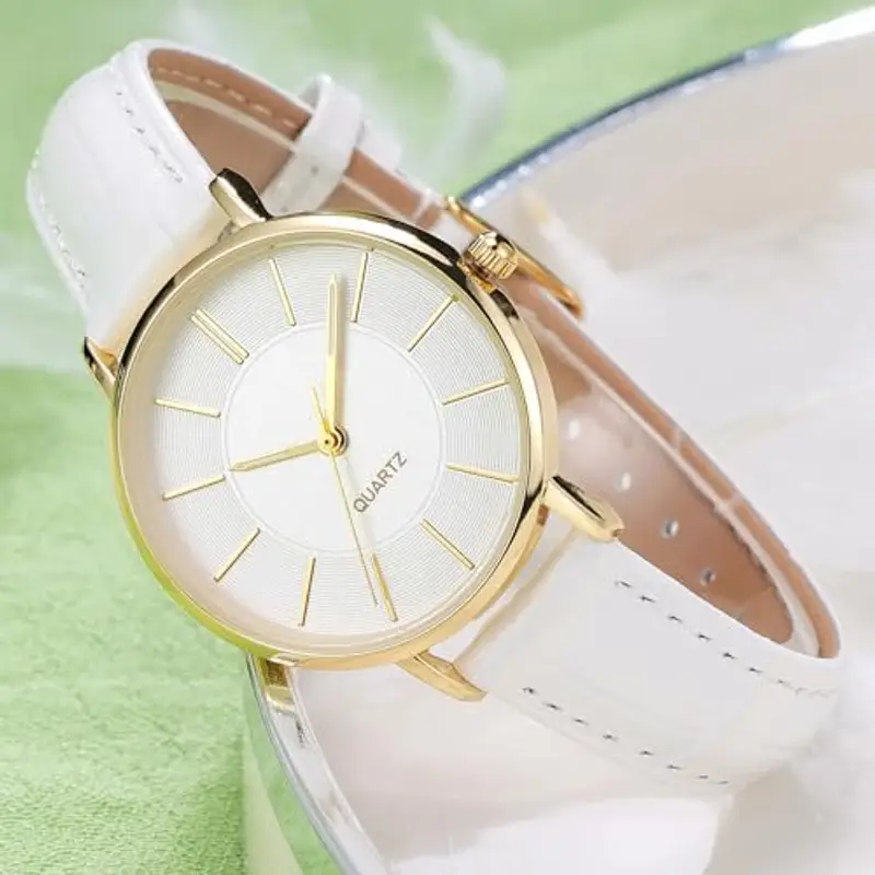 NUOVO Orologio da donna con cinturino in pelle, elegante, analogico, al quarzo, classico orologio da donna, Bianco 03., Cinturino miniatura 2