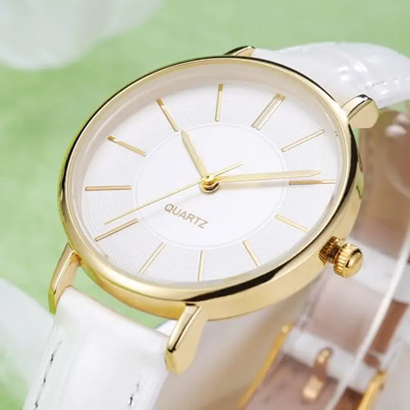 NUOVO Orologio da donna con cinturino in pelle, elegante, analogico, al quarzo, classico orologio da donna, Bianco 03., Cinturino miniatura 3