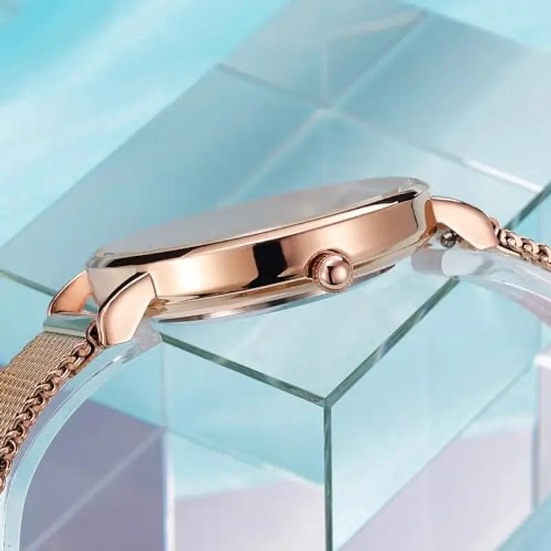 NUOVO Orologio da donna da donna, con lunetta in strass, orologio da donna al quarzo, classico, elegante, per feste, Oro rosa, Minimalista miniatura 3