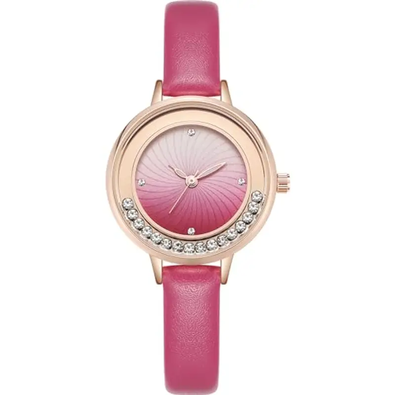 NUOVO Orologio da donna da donna, con lunetta in strass, orologio da donna al quarzo, classico, elegante, per feste, Rosso rosato, Cinturino