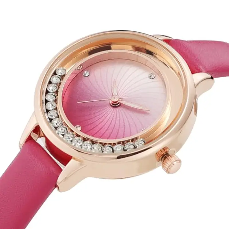 NUOVO Orologio da donna da donna, con lunetta in strass, orologio da donna al quarzo, classico, elegante, per feste, Rosso rosato, Cinturino miniatura 3