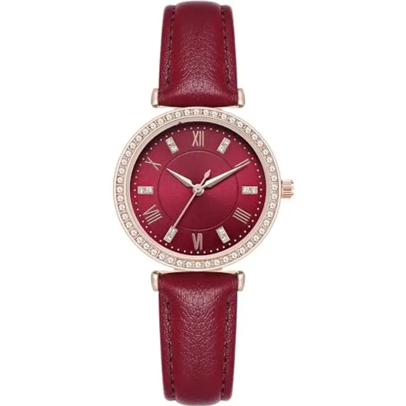 NUOVO Orologio da donna da donna, con lunetta in strass, orologio da donna al quarzo, classico, elegante, per feste, Rosso vinaccia, Cinturino