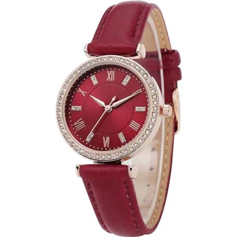 NUOVO Orologio da donna da donna, con lunetta in strass, orologio da donna al quarzo, classico, elegante, per feste, Rosso vinaccia, Cinturino miniatura 2