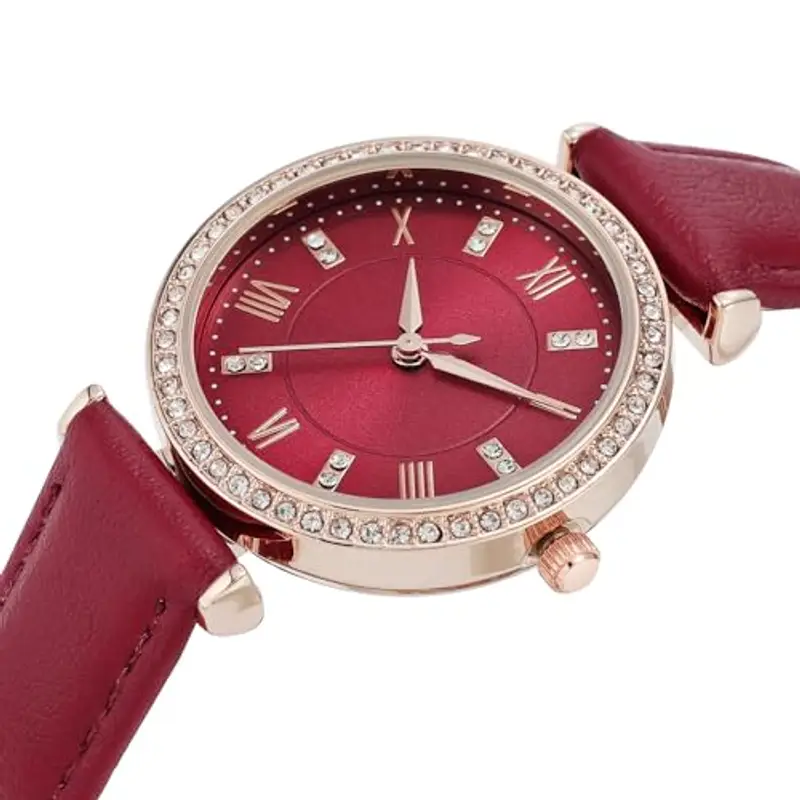 NUOVO Orologio da donna da donna, con lunetta in strass, orologio da donna al quarzo, classico, elegante, per feste, Rosso vinaccia, Cinturino miniatura 3