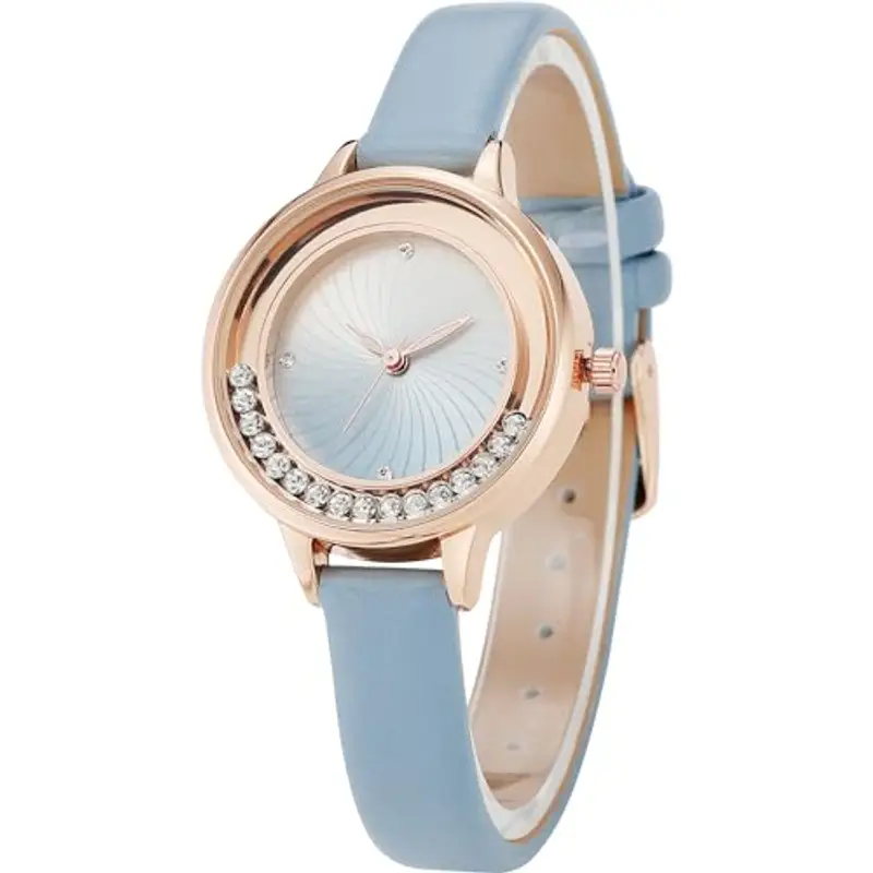 NUOVO Orologio da polso al quarzo da donna con strass e strass, orologio da polso per donne e ragazze, orologio in pelle con indicatore delle ore in strass, Blu, Cinturino miniatura 3