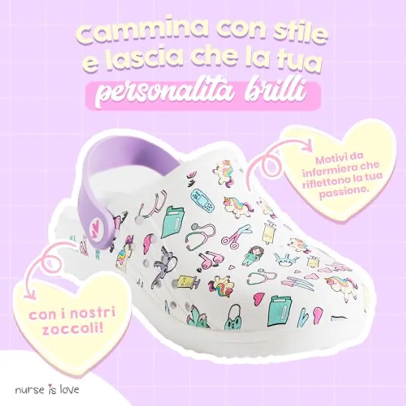 Nurse is Love Zoccoli Sanitari Purple - Scarpe Sanitarie Ortopediche con Motivi Divertenti | Regalo per Infermiera miniatura 3