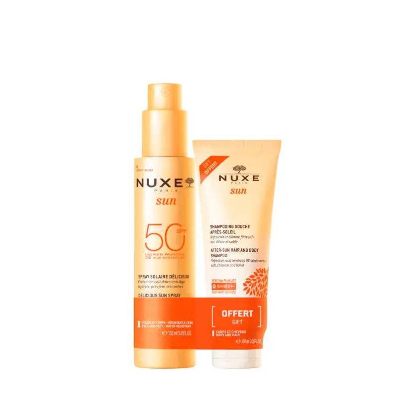 Sun Duo Spray Solare SPF50 + Shampoo Doccia Doposole - Shampoo protezione solare,Protezione solare viso,Solari alta protezione,Cofanetto solare