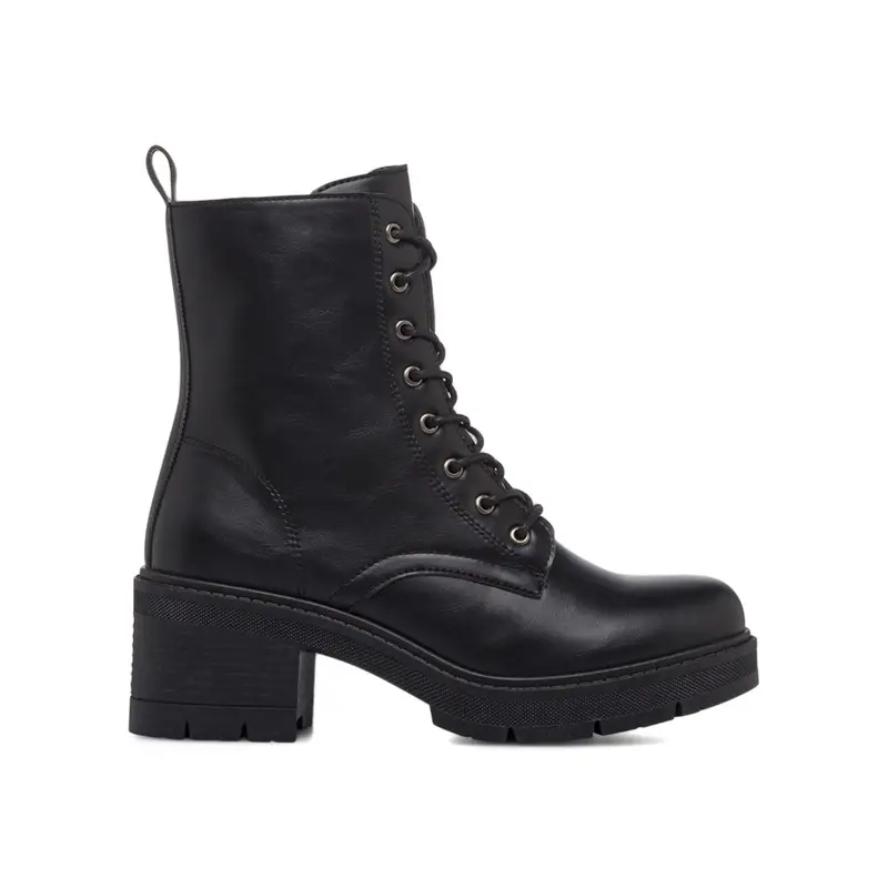 Anfibi neri da donna con tacco largo in gomma e lacci