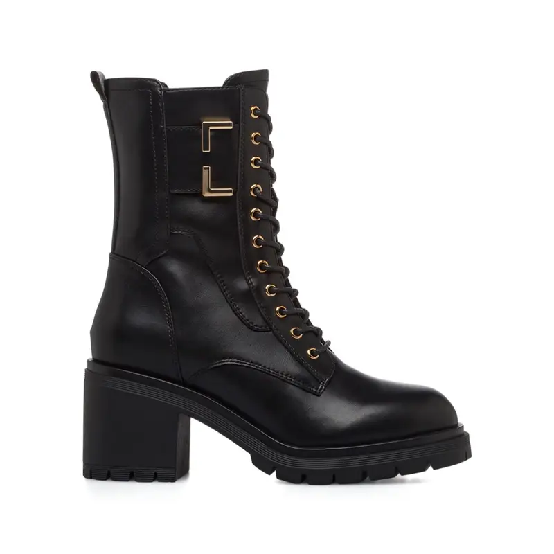 Anfibi neri da donna con tacco largo in gomma e lacci