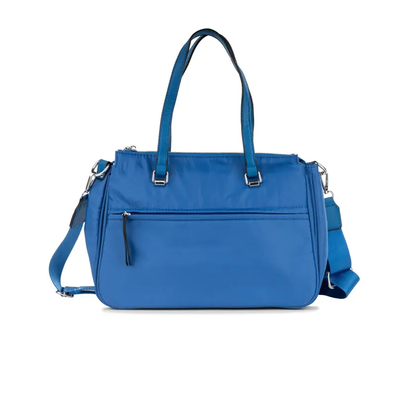 Bauletto azzurro da donna con tasca con zip e tracolla removibile