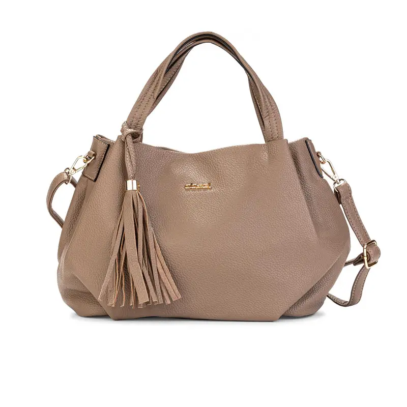 Borsa beige morbida con ciondolo a frangia e tracolla removibile