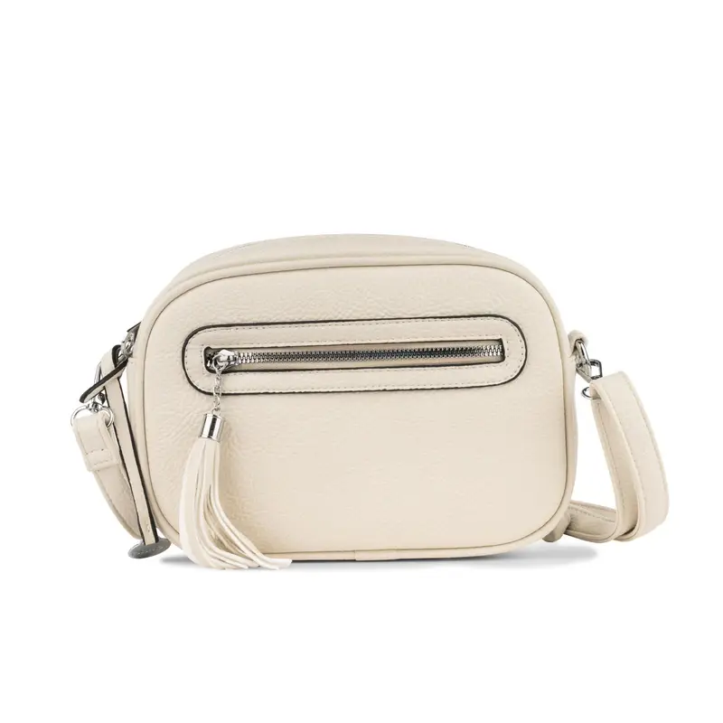 Borsa bianca da donna con tracolla e tasca frontale con ciondolo a frangia