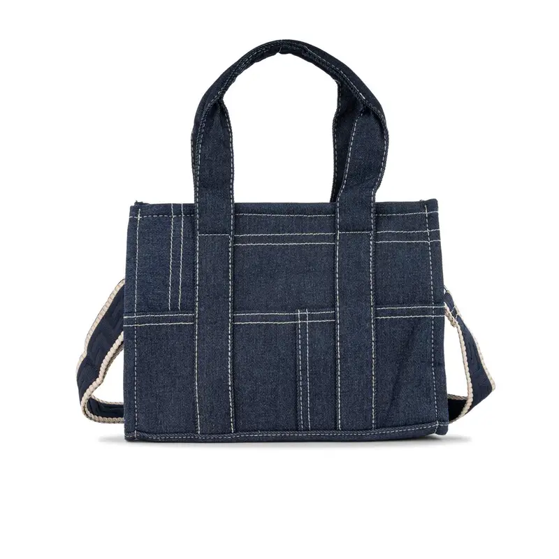 Borsa blu da donna in tessuto denim con cuciture e tracolla removibile