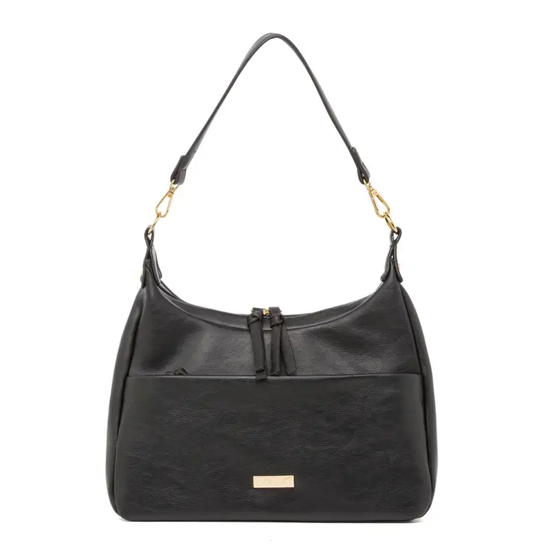 Borsa nera da donna con zip e tascona frontale