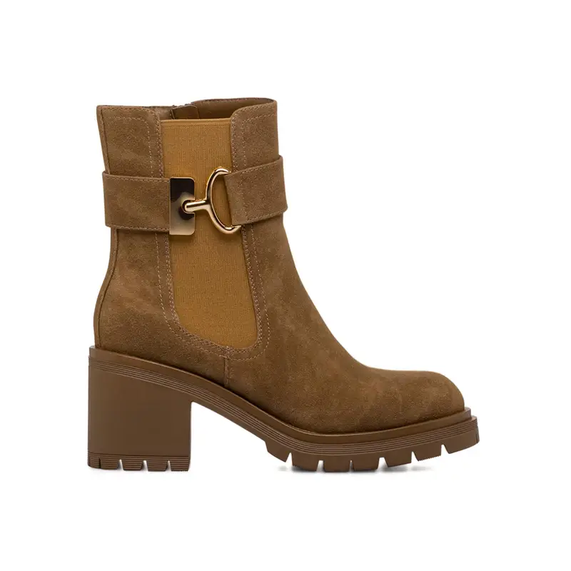 Chelsea marroni da donna con tacco largo in gomma e fibbia