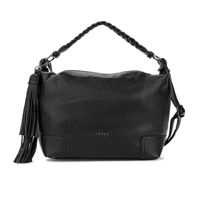 Hobo bag nera con manico intrecciato e ciondolo a nappina