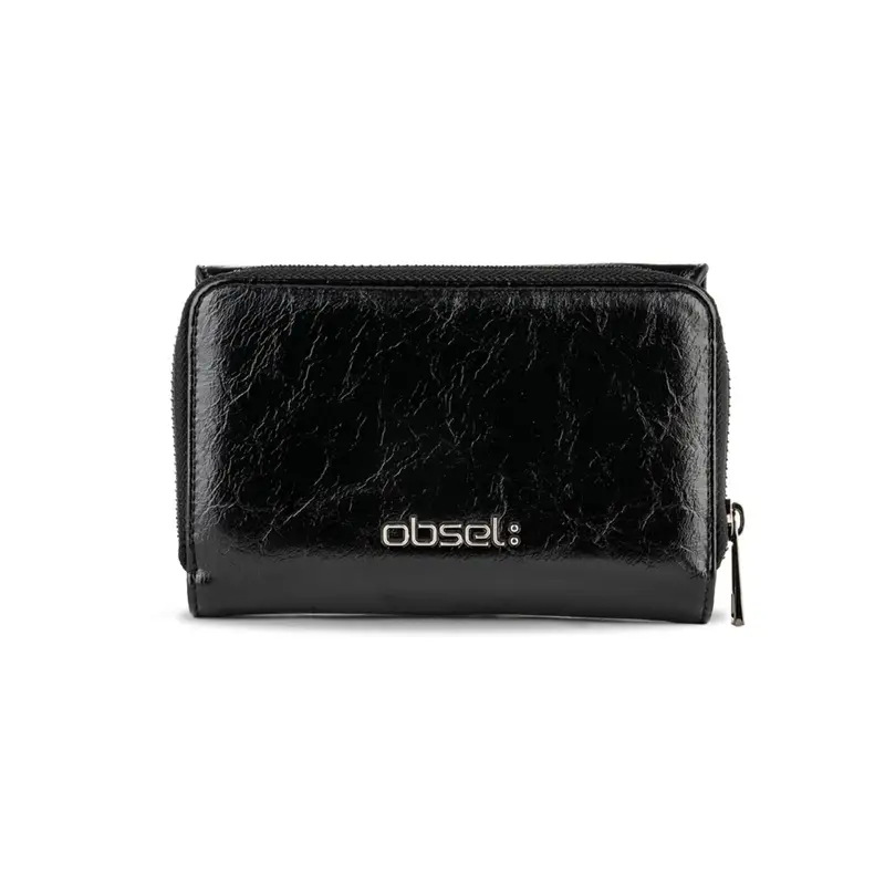 Portafoglio nero lucido da donna con zip e scritta logo
