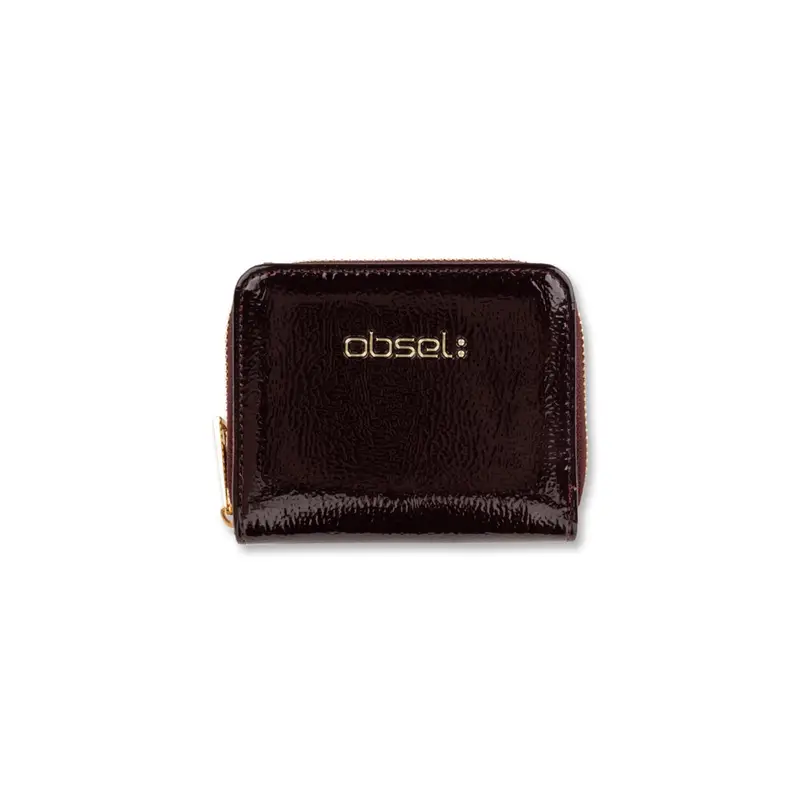 Portafoglio piccolo marrone lucido da donna con zip e logo