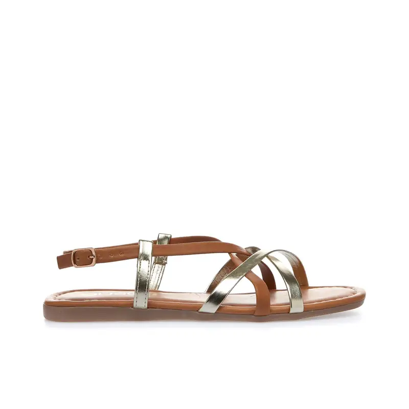 Sandali bassi marroni con cinturini oro effetto laminato